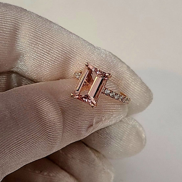 Solid 14k Gold 2.37ct Emerald Cut Morganite Ring with Side Lab Diamond