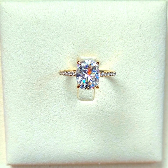 Solid 14k Gold 4ct Cushion Moissanite Ring with Side & Hidden Halo Stones