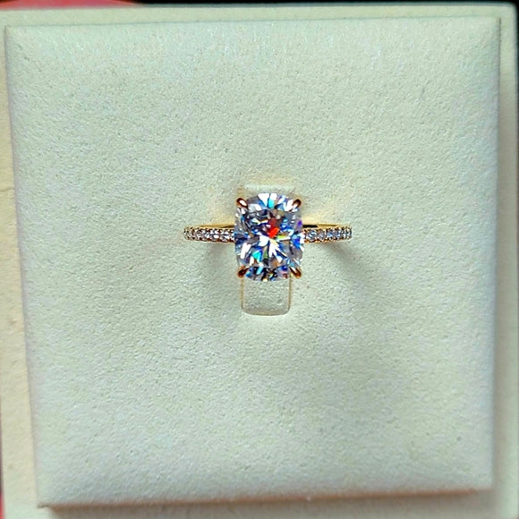Solid 14k Gold 4ct Cushion Moissanite Ring with Side & Hidden Halo Stones