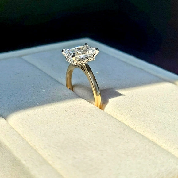 Solid 14k White and Yellow Gold 2.02ct Lab Radiant Diamond Ring with Hidden Halo Lab Diamond