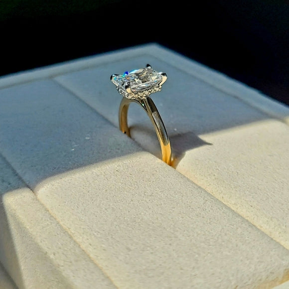 Solid 14k White and Yellow Gold 2.02ct Lab Radiant Diamond Ring with Hidden Halo Lab Diamond
