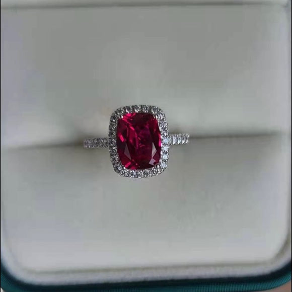 Solid 18k Gold 3ct Cushion Lab Ruby Ring with Side & Halo Stones