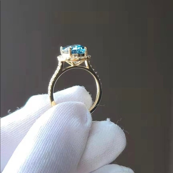 Solid 14k Gold 3ct Oval Topaz Ring with Side & Halo Stones