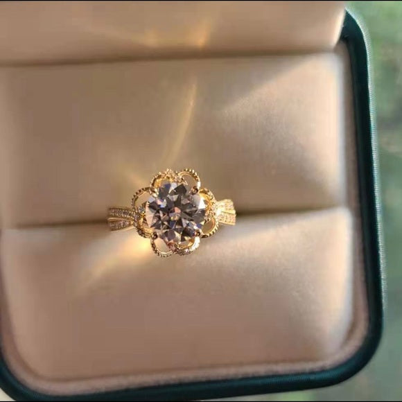 Solid 14k Gold 2ct Floral Moissanite Ring with Side Stones