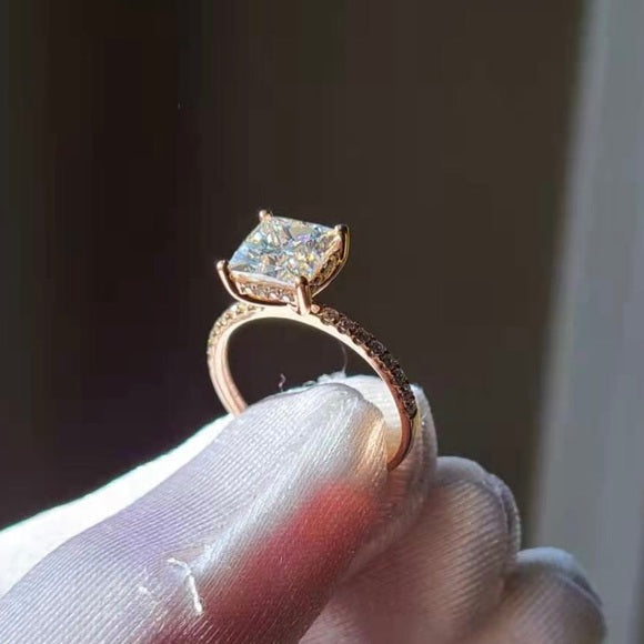 Solid 14k Rose Gold 2ct Princess Moissanite Ring with Side Stones