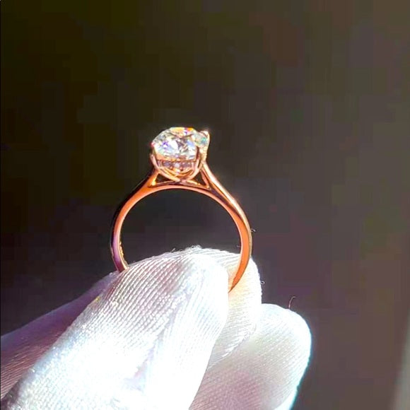 Solid 14k Rose Gold 3ct Cushion Moissanite Ring with Hidden Halo Stones