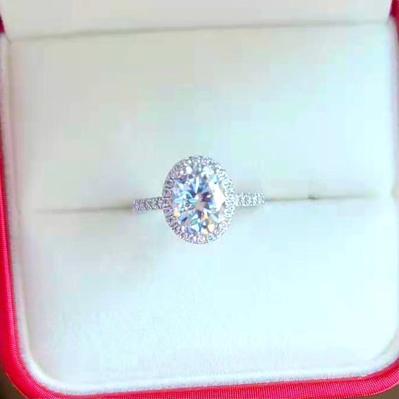Solid 14k Gold 2ct Oval Moissanite Ring with Side and Halo Stones