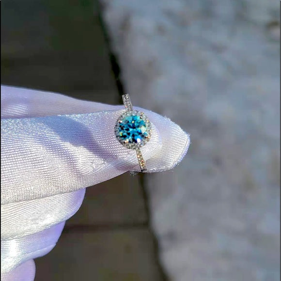 1ct Blue Moissanite Ring with Rd. Halo(011)