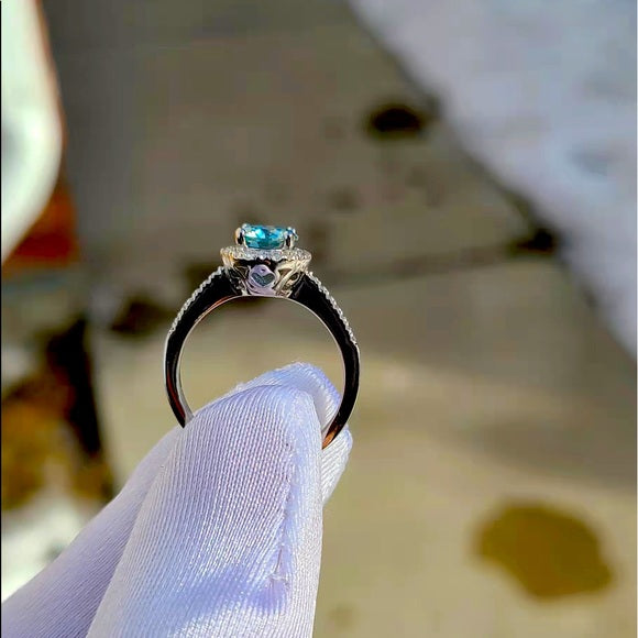 1ct Blue Moissanite Ring with Rd. Halo(011)