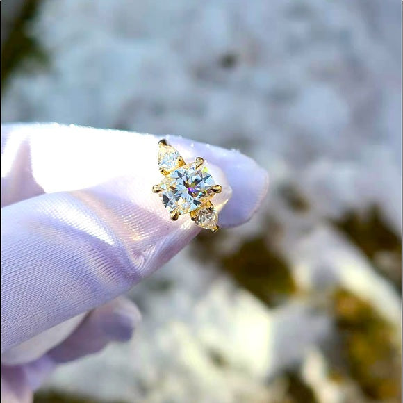 Solid 14k Gold 3ct Cushion Moissanite Ring with Pear Side Stones