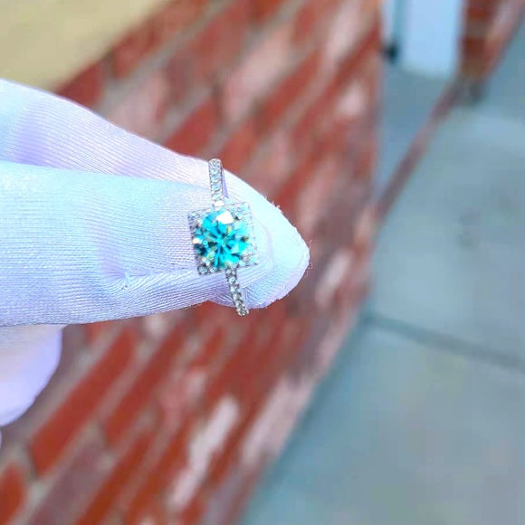 1ct Blue Moissanite Ring with Sq. Halo(025)