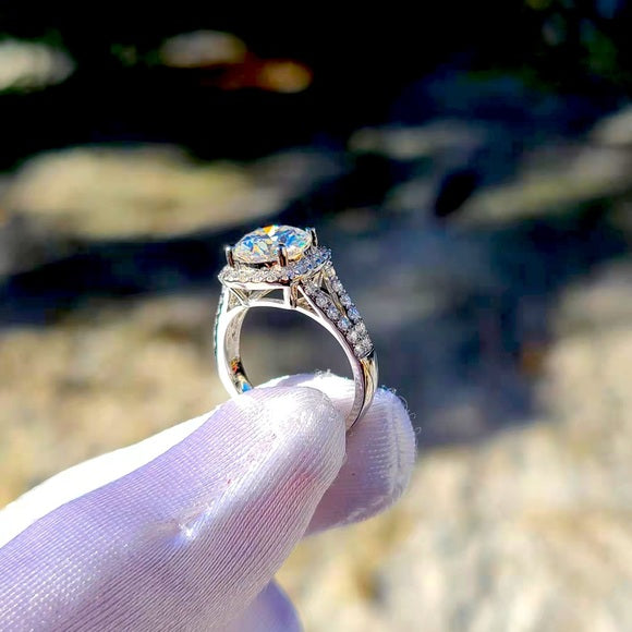 Solid 14k Gold 2ct Moissanite Ring with Side & Hidden Halo Stones