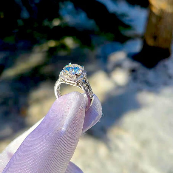 Solid 14k Gold 2ct Moissanite Ring with Side & Hidden Halo Stones