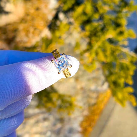 Solid 14k Gold 3ct Princess Moissanite Ring with Side & Hidden Halo Stones