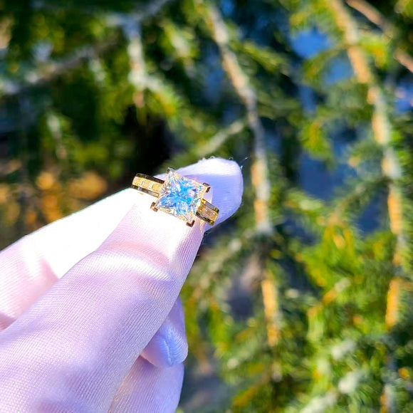 Solid 14k Gold 3ct Princess Moissanite Ring with Side & Hidden Halo Stones