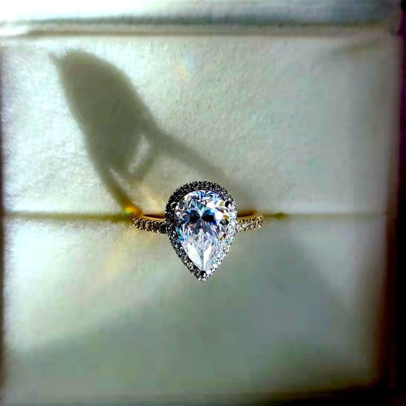 Solid 14k Gold (2-tone) 2.5ct Pear Moissanite Ring with Side & Halo Stones