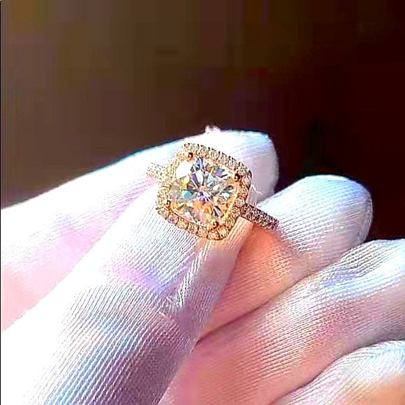 Solid 14k Rose Gold 3ct Cushion Moissanite Ring with Side & Halo Stones