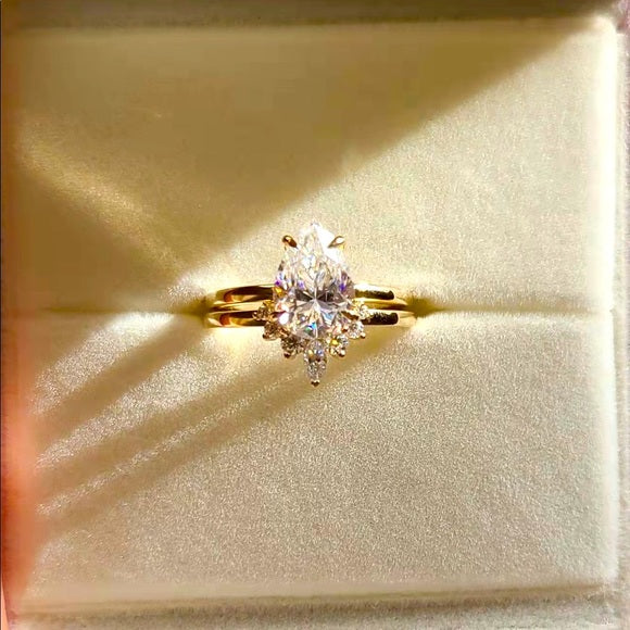 Solid 10k Gold 2.5ct Pear Moissanite Ring and Crown Band