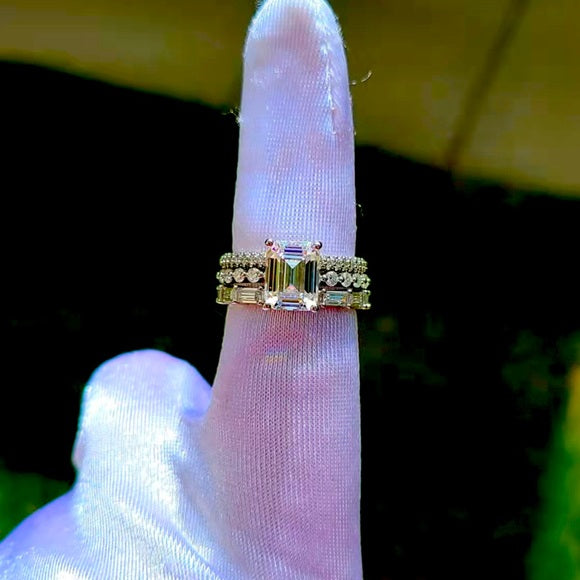 Solid 14k Gold 3ct Emerald Moissanite Ring & 2 Bands Set