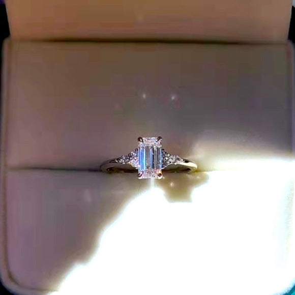 Solid 18k Gold 0.92ct Emerald Cut Lab Diamond Ring with Side Lab Diamonds