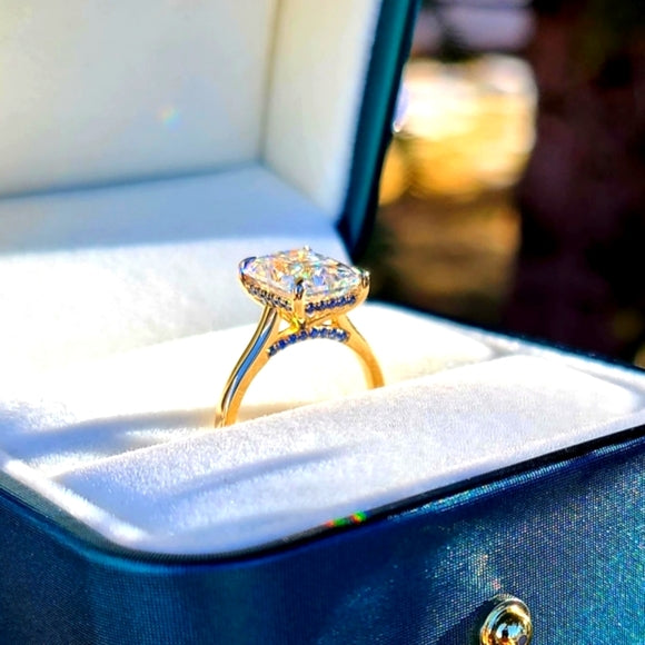 Solid 14k Gold 4ct Radiant Moissanite Ring with Side Blue Sapphire
