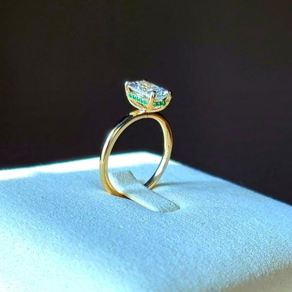 Solid 14k Gold 1.51ct Lab Radiant Diamond Ring with natural emerald